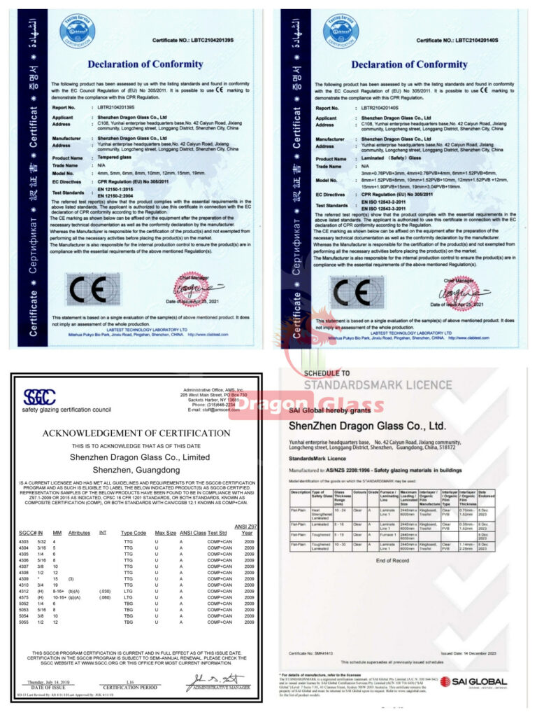 Cetificate for opaque laminated glass, vsg glass sheet, tempered laminated glass